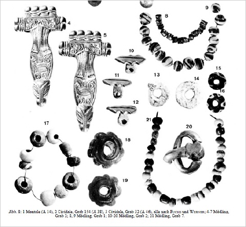 Zeichnung von Glasperlenketten und Fibeln