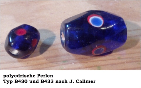 zwei polyedrische Perlen im Größenvergleich, die eine 3cm lang und 1,5cmhoch (groß)