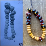 Foto und Replik einer Perlenkette, gelbe einfarbige Perlen und rote Perlen mit Achterschleifen