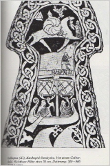Zeichnung eines Bildstein mit einem Schiff, einer Frau sowie eines Reiters miit Schild und Pluderhosen, die Frau  hält ein Trinkhorn